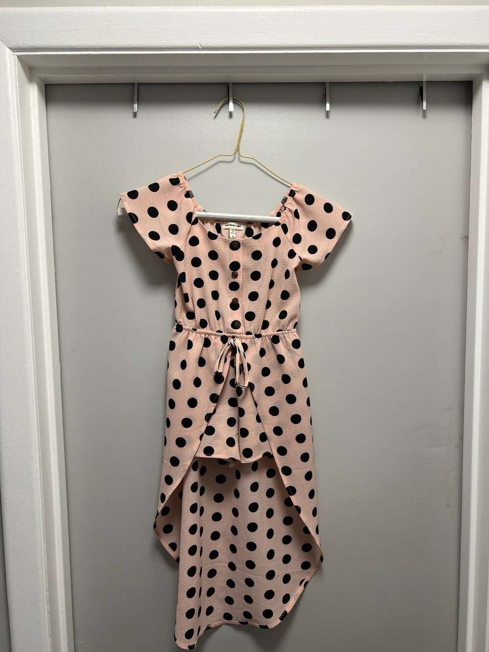 Monteau Girl Pink and Black Polka Dot Romper with Maxi Overlay.  
Size 4